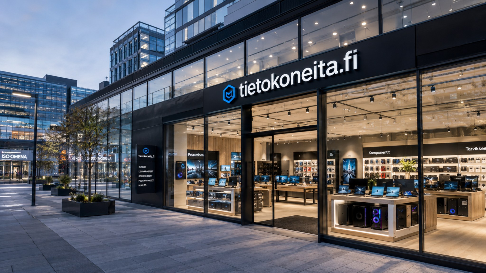Moderni tietokonekaupan esittelykuva ja käytetyt kannettavat tietokoneet Espoossa